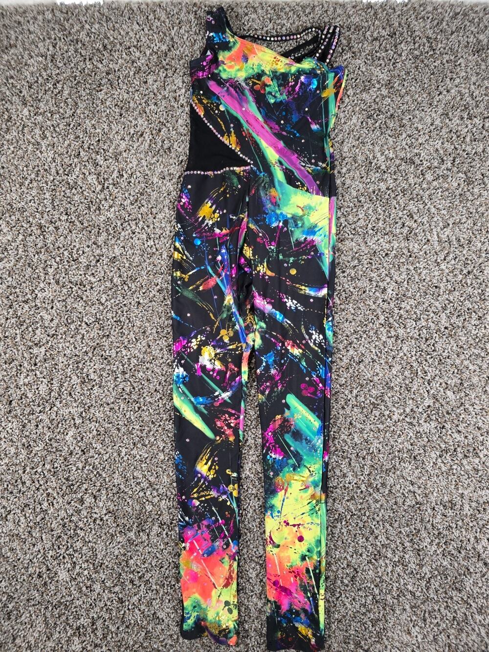 Girls Sz 12 Colorful Paint Splatter Dance Leotard Pants Neon Colors